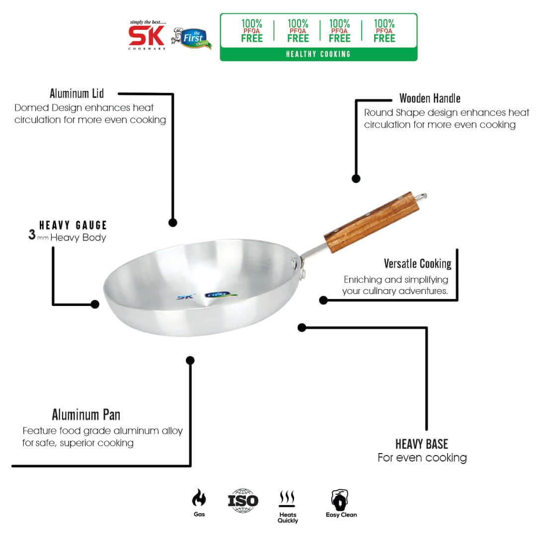 Aluminum Commercial Fry Pan Smooth Wooden Handle